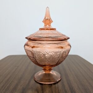 1930s Princess Pink Pattern By Anchor Hocking Glass Footed Lidded Candy Dish